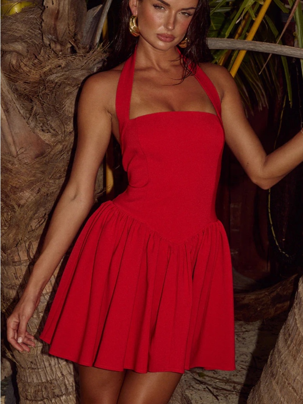 Jaus Red Halter Mini Dress with Flared Skirt